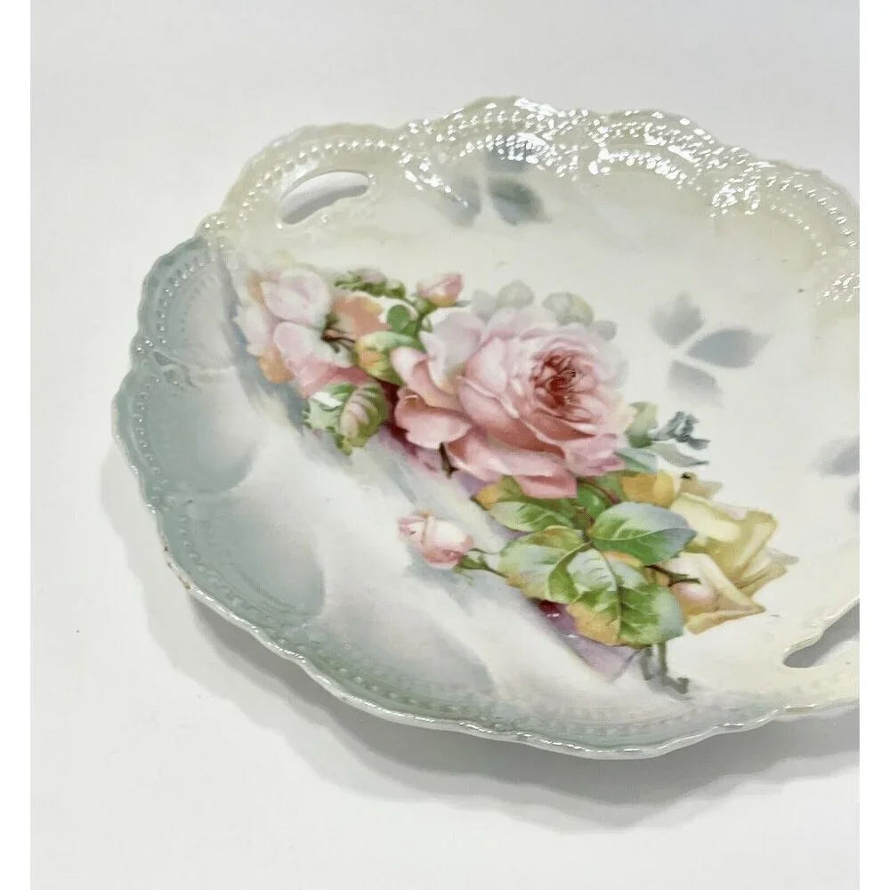 Vintage Leuchtenburg Germany PINK ROSES Cake Plate 9.25” Chic Cottagecore Handle